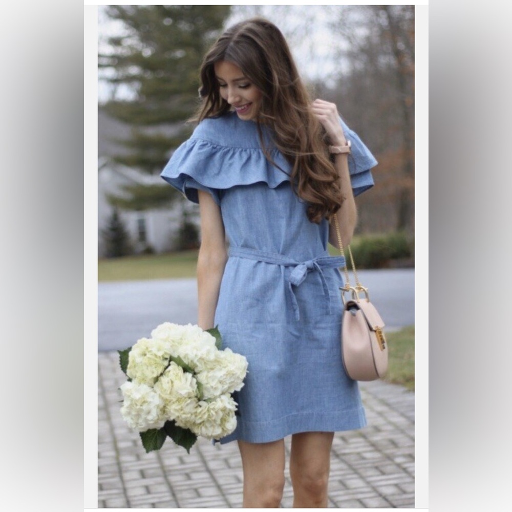 J. Crew Ruffle Edie Chambray Denim Dress.